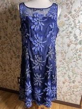 Adrianna Papell Women's Sleevless Fit N Flare Size 14 Embroidery Fringe Blue