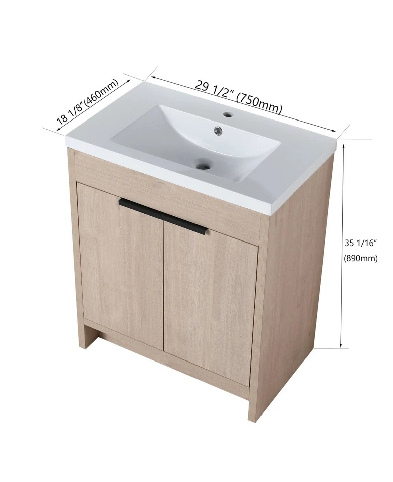 Tocador de baño independiente de 30" con fregadero de resina blanca. Roble claro BVB02430PLO  Foto 3 de 4