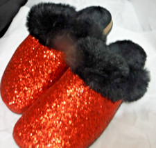 Bright Red Glitter Holiday Women's Faux Fur Slippers, Cozy Plush Cork Sandals 10