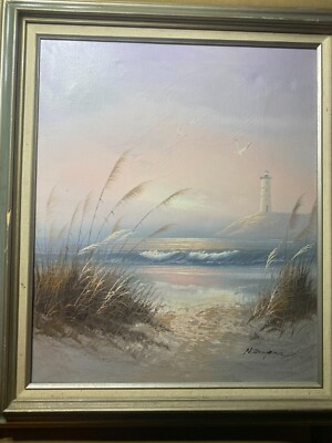Large N Thompson ''Seaside With Lighthouse Scene'' Oil Painting - Signed/Framed