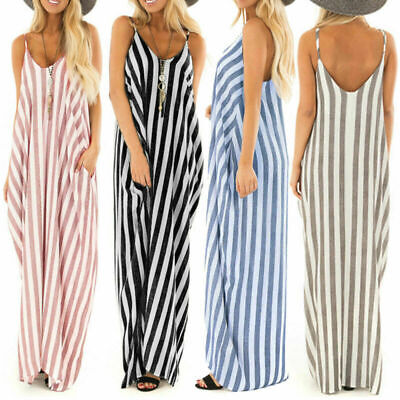 Women's Summer Sleeveless Sling Long Maxi Dress Ladies Holiday Beach Sundress US 