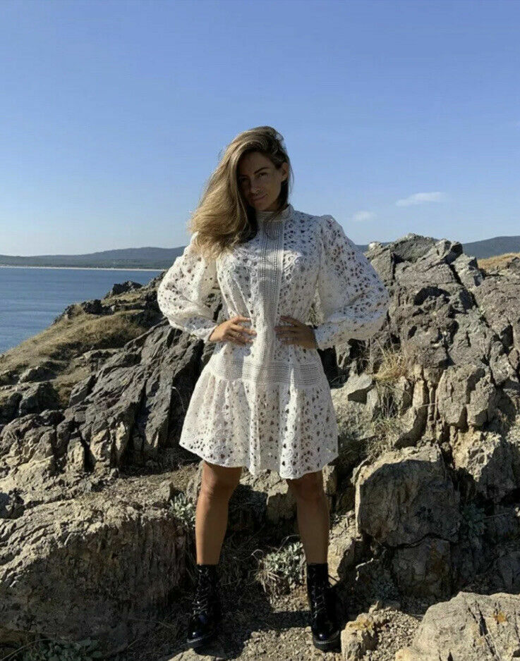 H&M Conscious Ivory Openwork Cream Lace Broderie High Neck Dress size M 12  14 | eBay