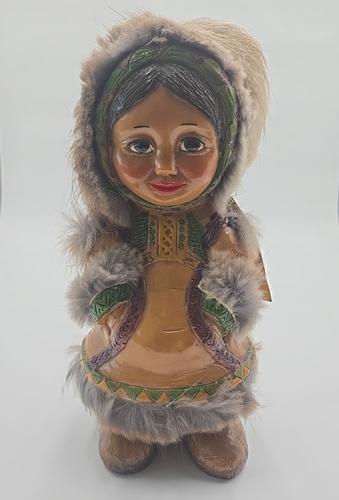 Vintage 80er H. P. Naber Puppe Alaska Inuit Eskimo Mädchen 9,5 Zoll Original Etikett Naturfell