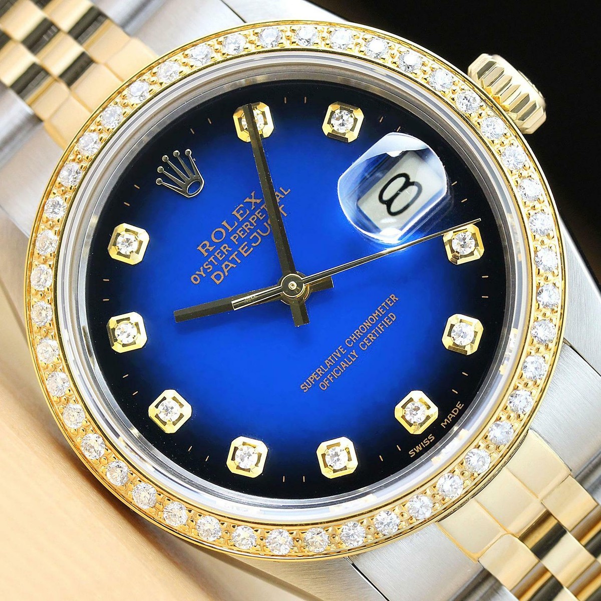 ROLEX MENS DATEJUST 16013 BLUE VIGNETTE 18K YELLOW GOLD DIAMOND