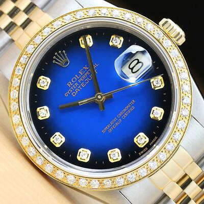 ROLEX Herren Datejust 16013 Blaue Vignette 18K Gelbgold Diamant Stahl Uhr