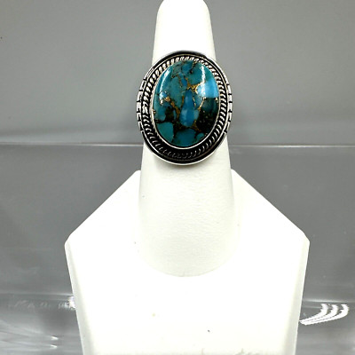 Sterling Silver Blue Copper Turquoise Ring (Size-8) Adjustable Shank