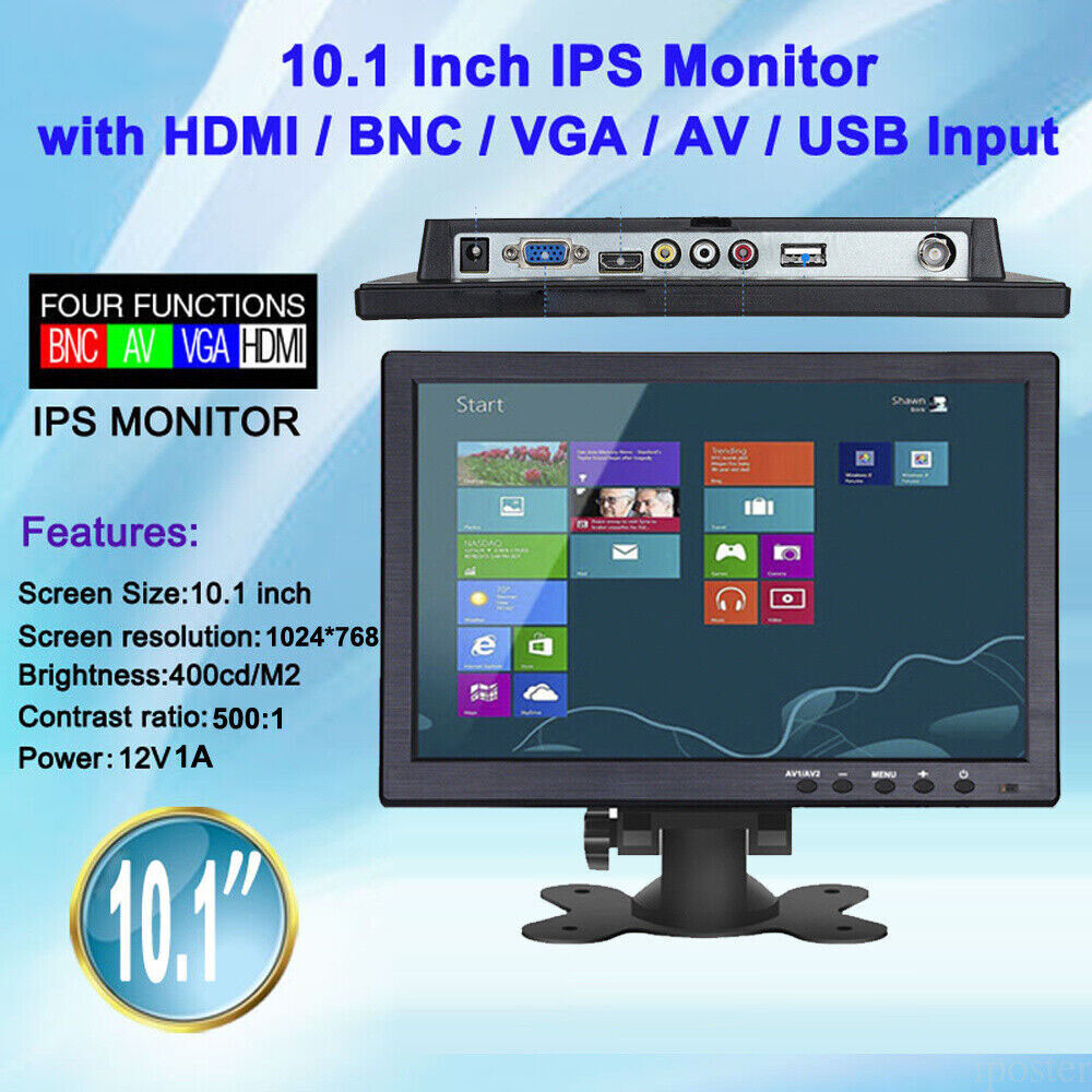 10.1 Inch Portable CCTV Monitor – 1280x800 IPS Display With HDMI/VGA/BNC/USB, Built-in Speakers, Metal Stand & Remote