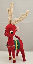 Vintage 1950s Large Velveteen Red Reindeer With Bell  Poseable Antlers Japan
