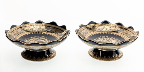 Pair of M-Z Hi-Luxe Czech Republic Kobalt 6in Footed Bowls Floral Gold Gilt Used - Picture 11 of 18