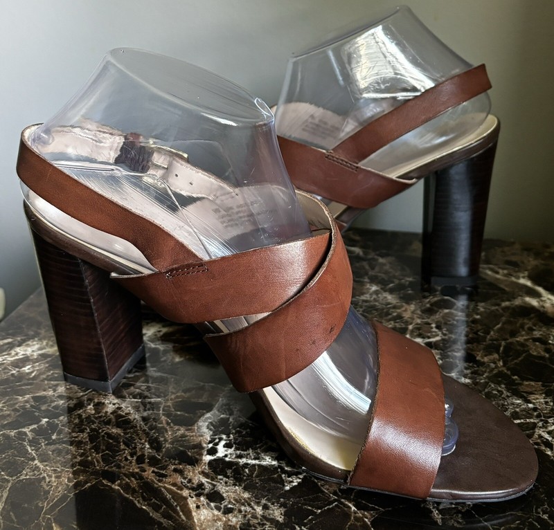 Woman’s Brown Soft Leather Strappy Sandals Block Heel By Franko Sarto 9 NWOB