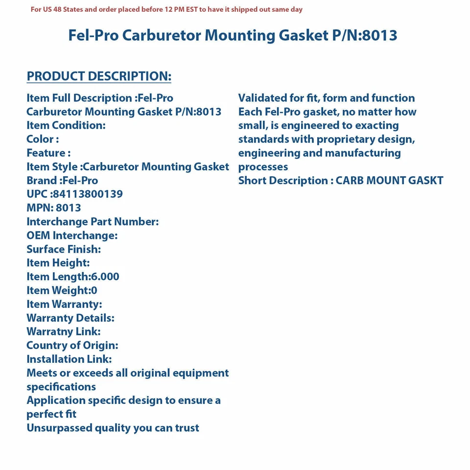 Junta de montaje de carburador Fel-Pro 8013 | Autopieza de alta calidad, ajuste universal Foto 4 de 4
