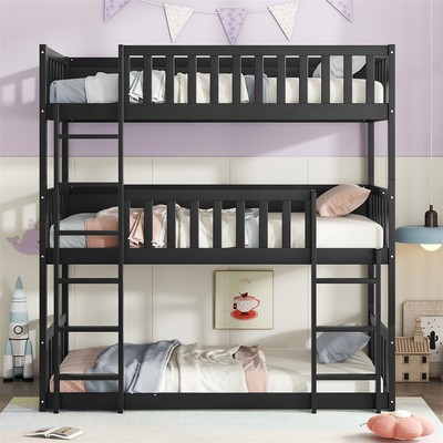 Twin Size Triple Rubber Wood Bunk Bed w/Ladders & Guardrails Detachable 3 Beds