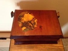 Primative Wooden Dresser Glove Trinket Box With Rose 