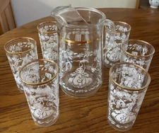 Vintage 1950s Bartlett Collins Colonial Lady Lemonade Set Pitcher and 6 Glasses