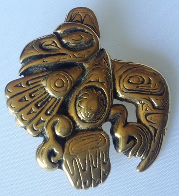 Broche Vintage Décor Mexique Finement Travaillée En Relief Couleur Or - Occasion