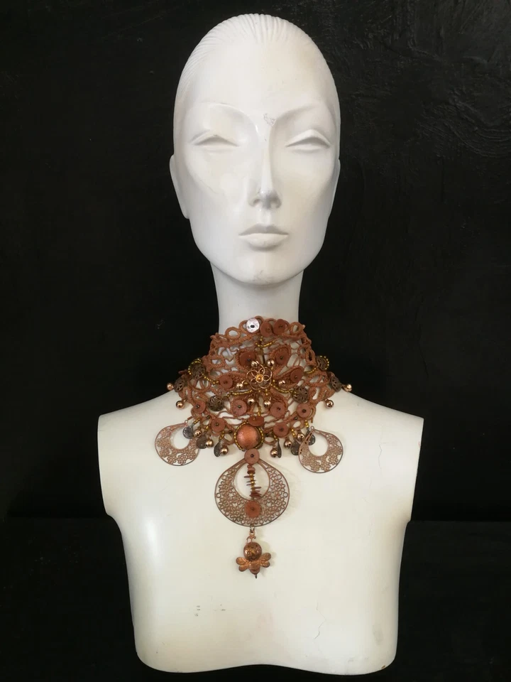 Joyería vintage mujer collar gargantilla collar de lujo cobre perla macramé Foto 3 de 4