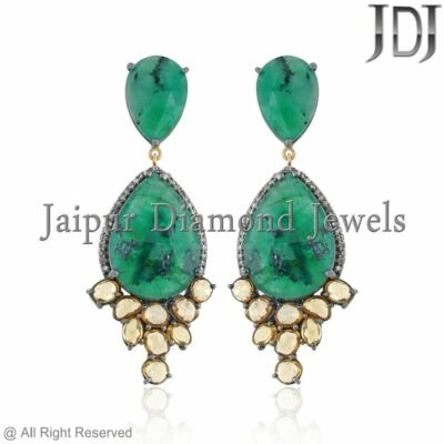 Natural Emerald Sapphire Earrings Sterling Silver Pave Diamond Gemstone Jewelry