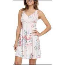 Flora Nikrooz Pink Floral Chemise Nightgown Soft Knit Lace Bodice Womens L