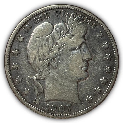 1907-D Barber Half Dollar Very Fine VF Coin, Lightly Cleaned #27317