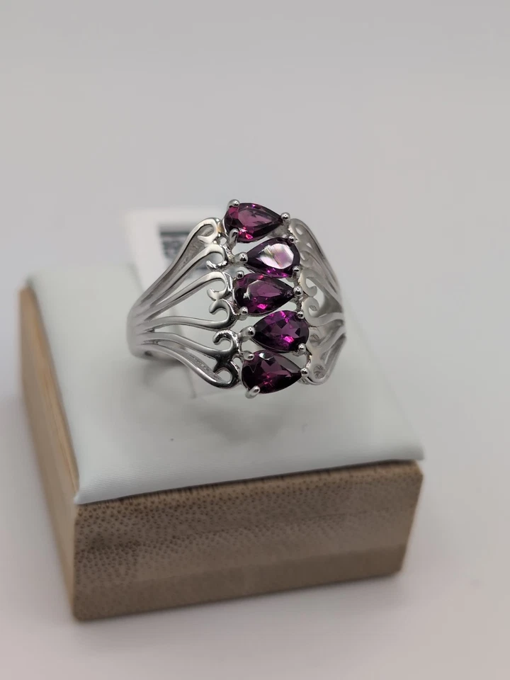 Impresionante Anillo DK Frambuesa Granate 5 Piedras Rodio Sobre Plata Esterlina Talla 9 Foto 4 de 4