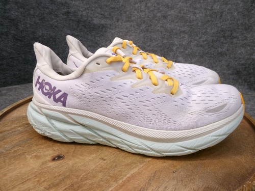 Hoka One One Clifton 8 Women Size 9.5 White Blue Athletic Running Shoes Sneakers