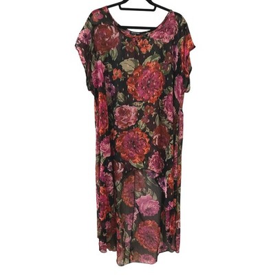 Chacha Vente Womens 2X Floral High Low Tunic Top Metallic Chiffon Flowy Roses