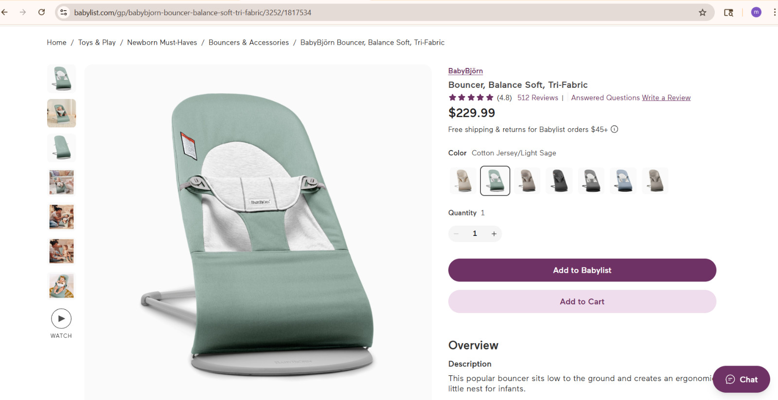 BabyBjorn Bouncer Balance Soft - Light Sage and Grey - 005270US