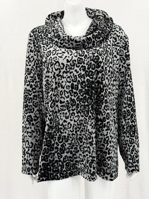 White Stag Top Womens 3X Gray Black Leopard Cowl Neck Velour Mob Wife Cozy Fall
