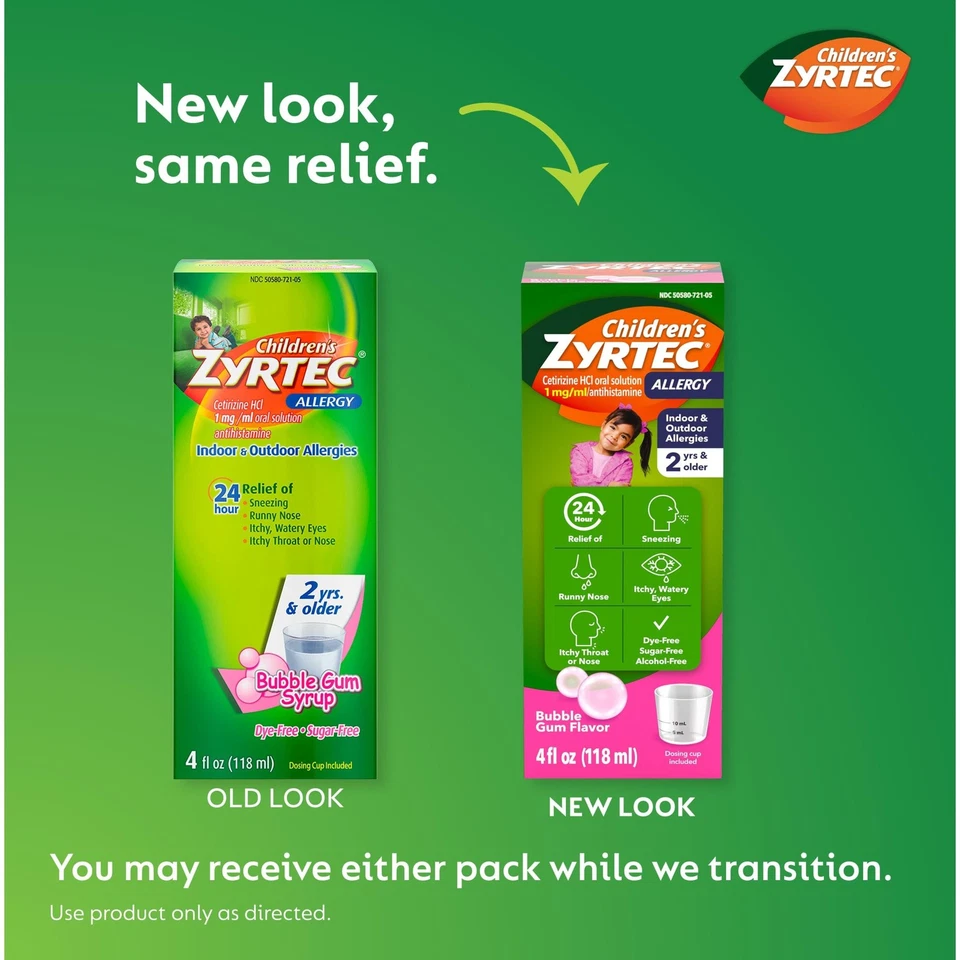 Jarabe de alivio de alergias para niños Zyrtec 24 horas, goma de mascar, 4 fl oz Foto 2 de 4