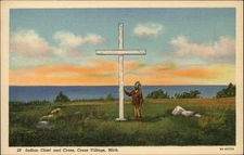 Cross Village Michigan Indian Chief headdress leather sunset linen postcard
