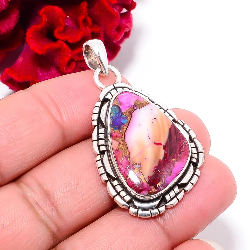 Кулон из стерлингового серебра 925 пробы с медным розовым георгином и бирюзой Kingman 1,87 дюйма P102123 - Изображение 3 из 4