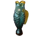 Blenko Art Glass Fish Vase Teal Green Amber Handmade Mid Century Modern 12.5"
