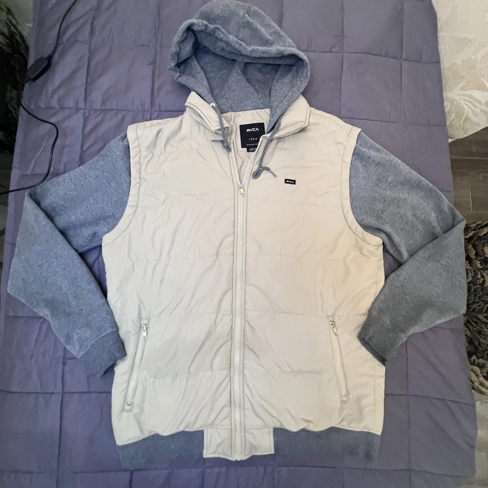 RVCA Men’s Large Quilted Jacket w Attached Gray Hoodie Color Block Cream Vest - Image 4 of 4