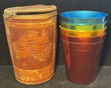 Vintage Australian Souvenir Set 5 Stacking Anodized Aluminum Cups Leather Case