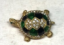 Turtle Pin w. Green  Black Enamel  Rhinestones
