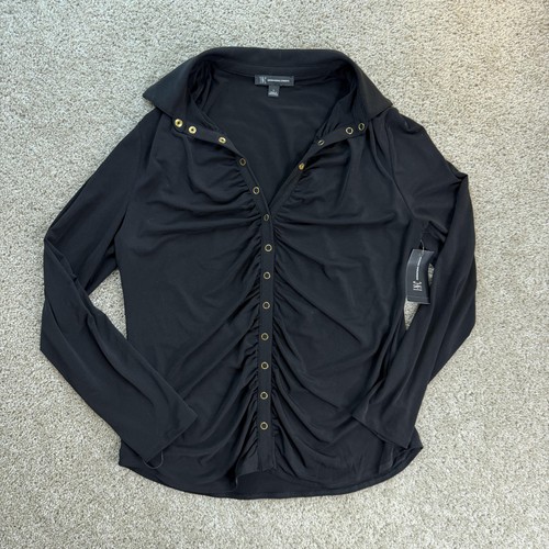 INC International Concepts Shirt Womens Large Black Ruched Snap Front Sleeve