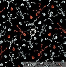 BonEful Fabric FQ Cotton Quilt Black White B W Orange Skull Skeleton Halloween S