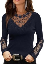 Women's Lace V Neck Long Sleeve Dressy Casual Slim Blouse Fall Shirt Tops