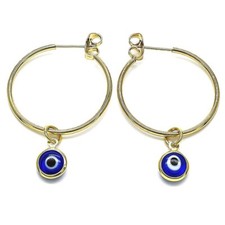 14K GOLD PLATED 30MM HOOP EARRING WITH POST AND BLUE ENAMEL EVIL EYE CHARM M651