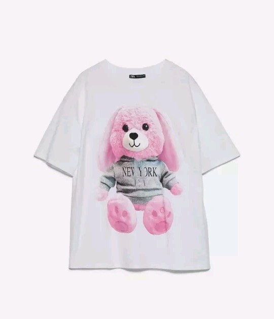 Zara Women's White Graphic T-Shirt with Pink Teddy Bear New York Print