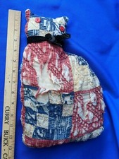 "Antique Coverlet Stuffed Animal Cat VTG Quilt Rare Folk Art Red Button Eyes "