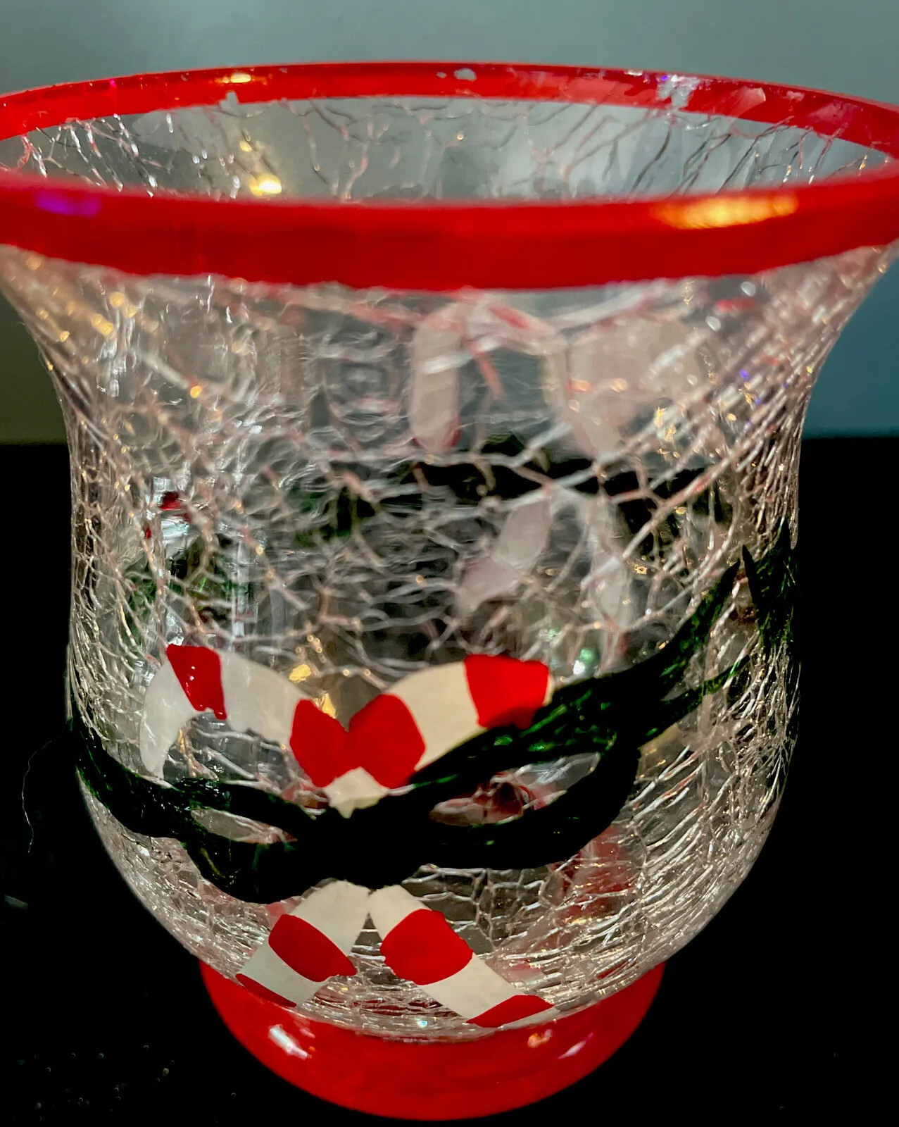Crackle Glass Candy Cane Candle Holders Christmas Set Of Two 3.5&rdquo; Tall