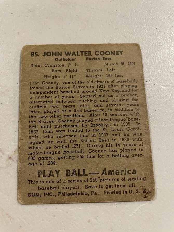 John Walter Cooney 1939 Play Ball Boston Bees Baseball Card #85 - Image 2 of 2