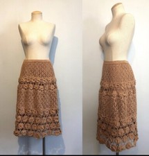 1970s Crocheted Brown Vintage Skirt Boho Hippy Festival Woven Small W 28