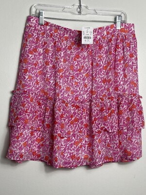 NWT J.Crew Tiered Ruffle Mini Skirt Pink&White Red Flowered Elastic Waist Medium