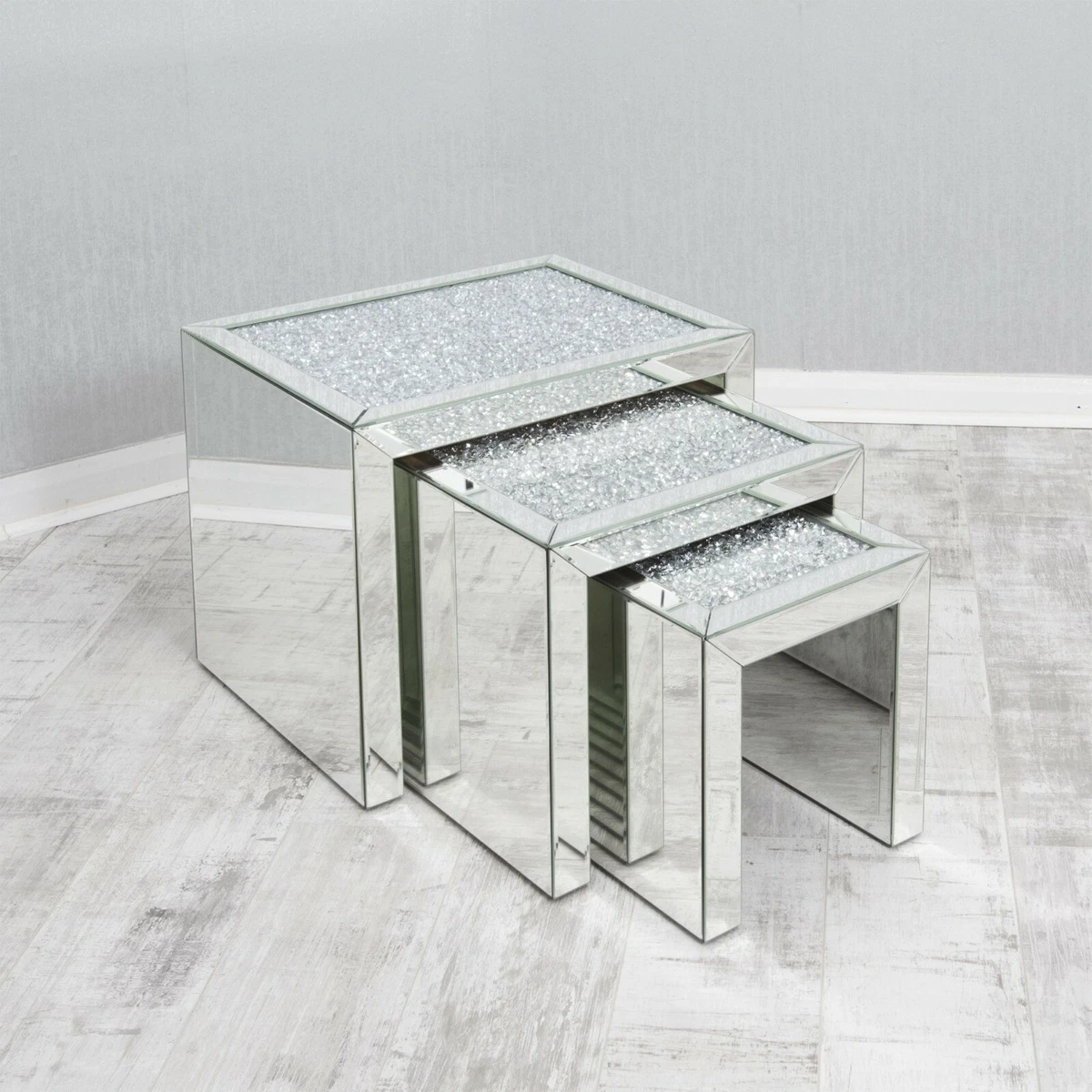 Mirrored Coffee Table Nest of Tables Crushed Crystal Diamond Living Room Bling u