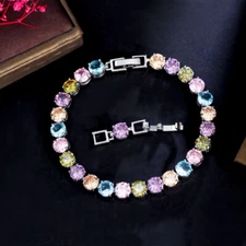 Beauty Silver Plated Rainbow Colorful CZ Lady Round Tennis Bracelet Fine Jewelry