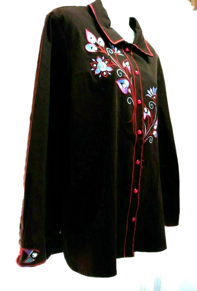 CAMISA BLUSA MANGA LARGA BORDADA MARRÓN ARTE USABLE BOB MACKIE DE COLECCIÓN TALLA L Foto 3 de 4
