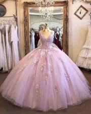 Pink Quinceanera Dresses Tulle Lace Applique Birthday Ball Gown Sweet 16 Glitter
