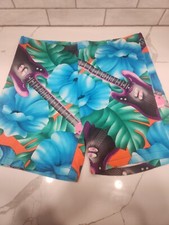 Vintage 80s Jams Surf Line Hawaii Shorts Blue Floral Guitar Print Size Medium